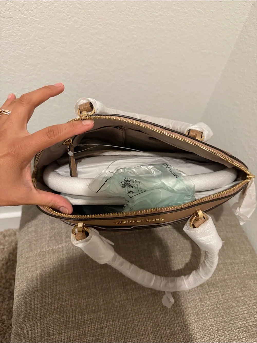 Michael Kors Camel Saffiano Dome Satchel with Gold Hardware